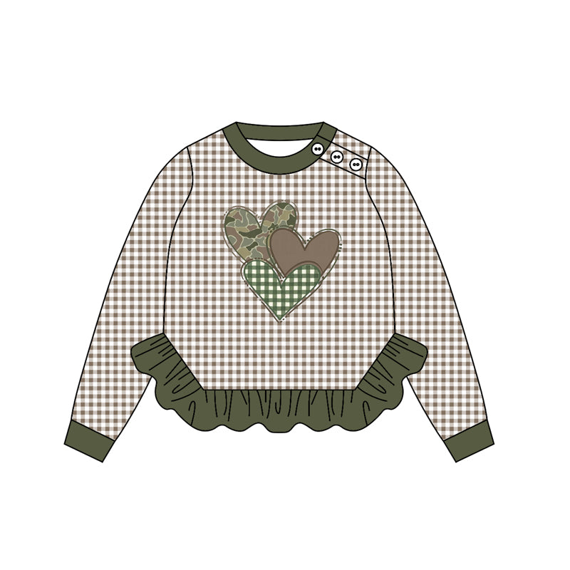 ( Moq 5 ) Preorder Girls Kids Long Sleeves Camo Plaid Hearts Valentine's Day Ruffle Shirt