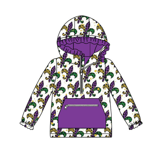 ( Moq 5 )Preorder Girls Kids Long Sleeves Mardi Gras Purple Zipper Pocket Hoodie Shirt