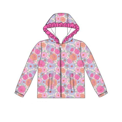 ( Moq 5 ) Preorder Girls Kids Long Sleeves Flower Pockets Zipper Pink Ruffle Hoodie Tops