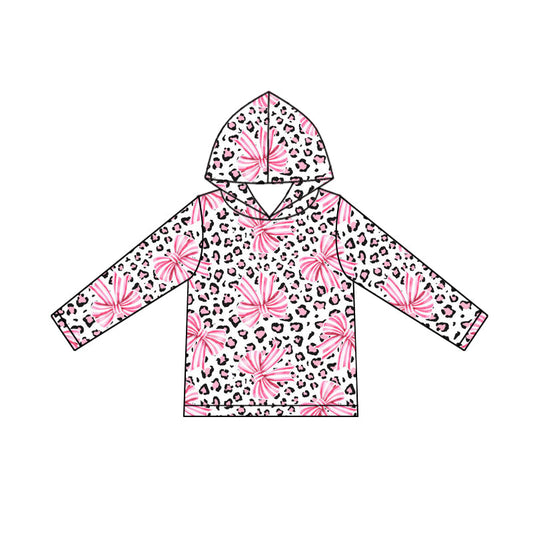 ( Moq 5 ) Girls Kids Long Sleeves Pink Bows Leopard Hoodie Pullover Shirt Tops