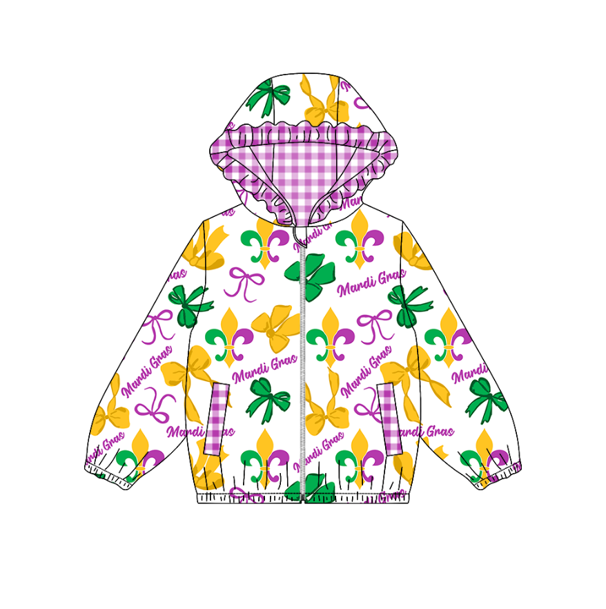 ( Moq 5 ) Preorder Girls Kids Mardi Gras Bows Anchors Pockets Hoodie Zipper Cardigan Tops
