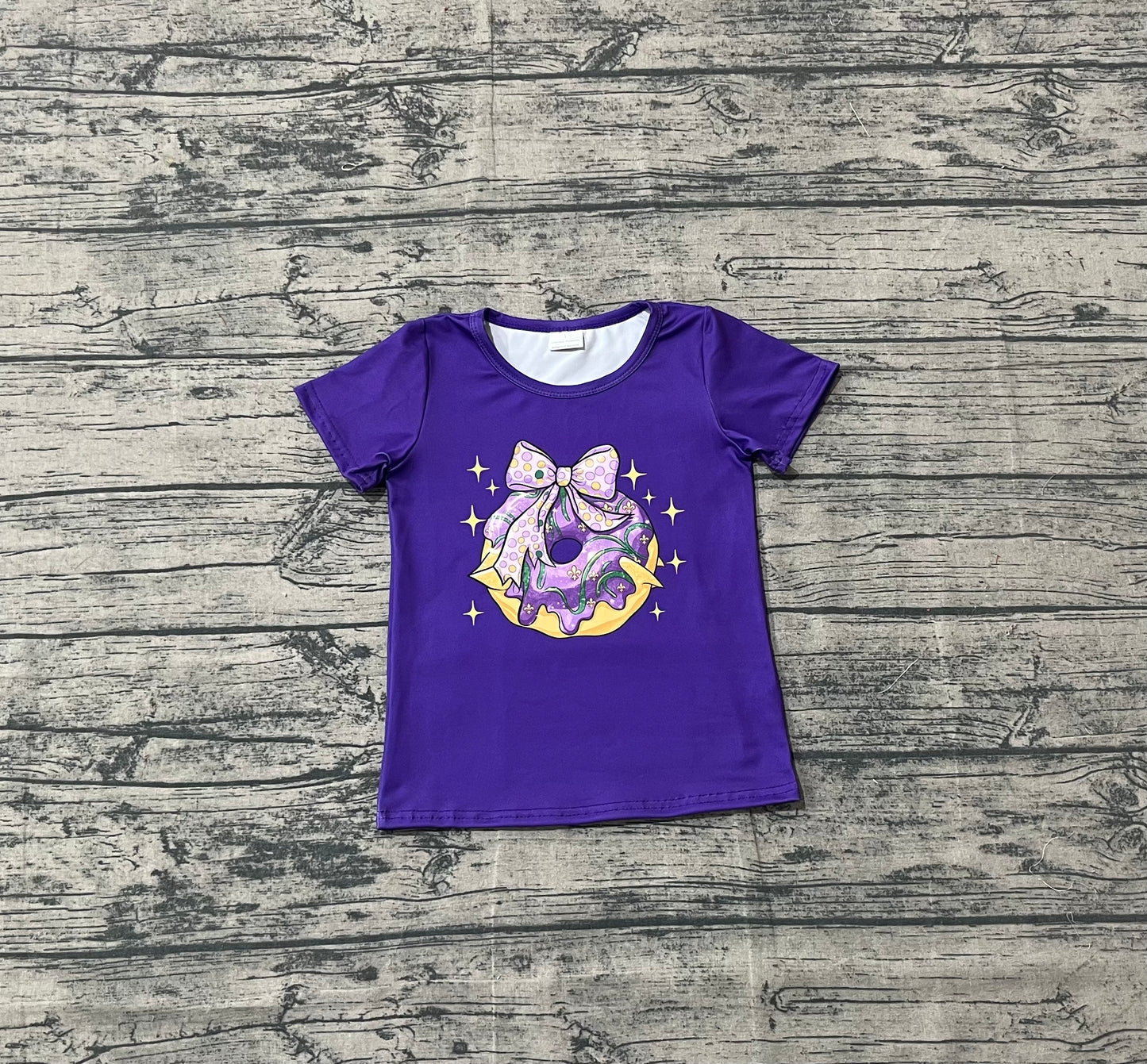 Girls Kids Purple Short Sleeves Donut Bow Mardi Gras Tee Shirt RTS