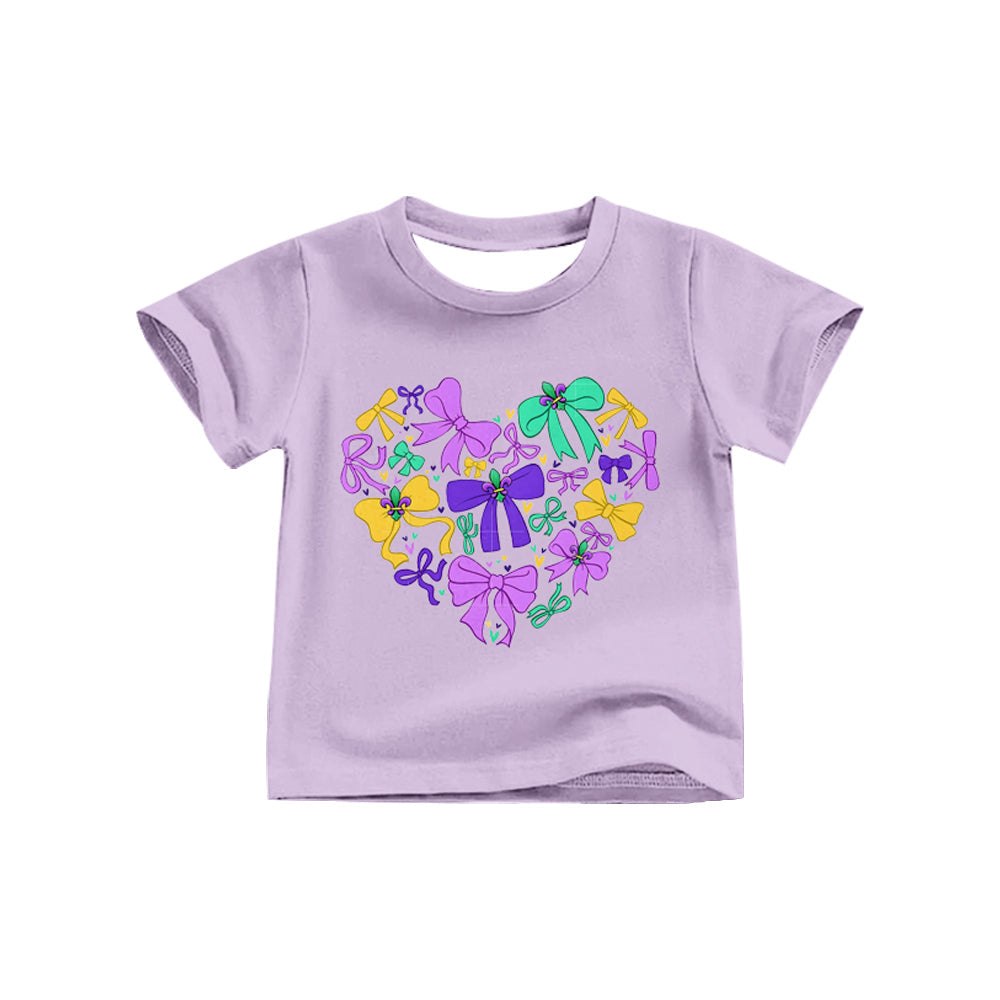 ( Moq 5 ) Preorder Girls Kids Purple Short Sleeves Bows Mardi Gras Tee Shirt