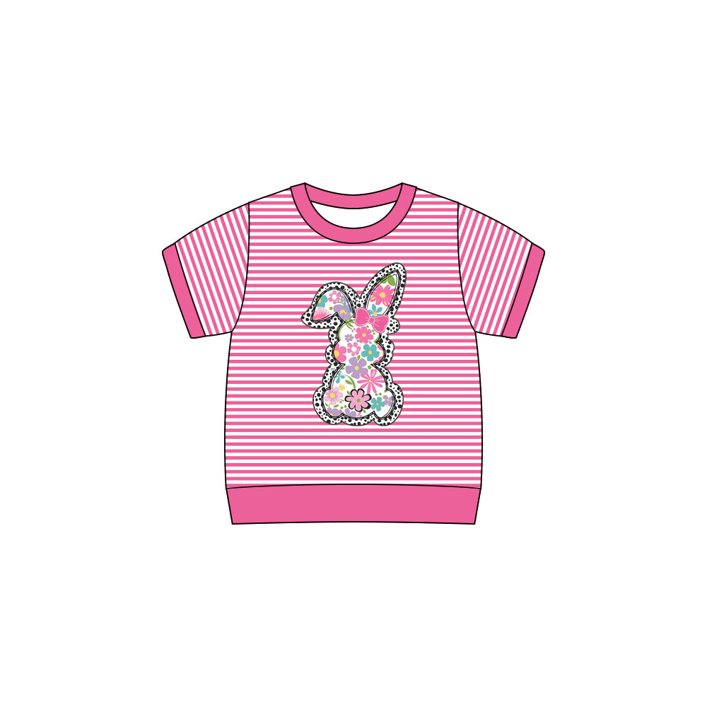 ( Moq 5 ) Preorder Girls Kids Short Sleeves Flower Rabbit Stripes Easter Pink Shirt Tops