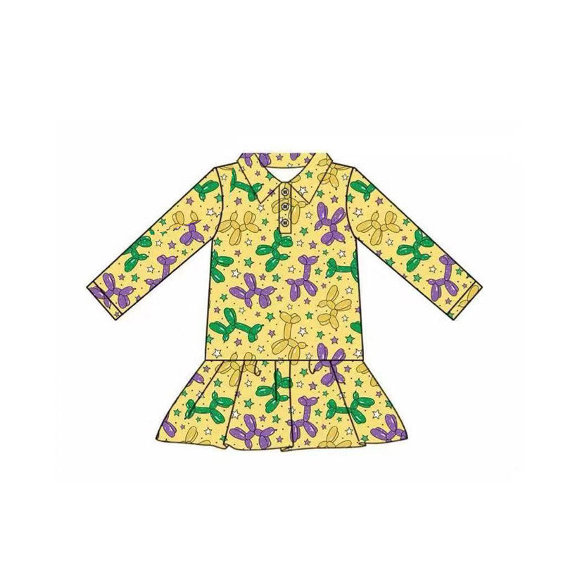 ( Moq 5 ) Preorder Girls Kids Yellow Long Sleeves Balloons Mardi Gras Buttons Shirt Tops