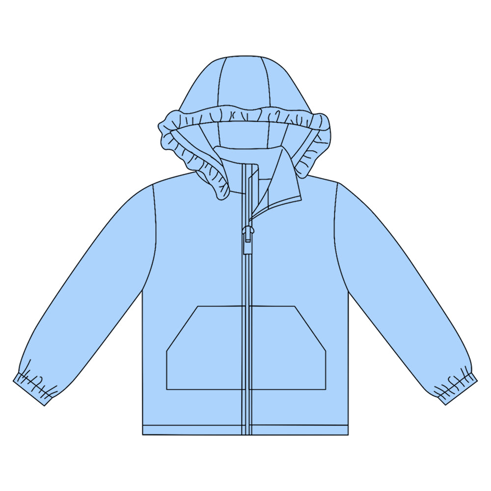 ( Moq 5 ) Preorder Girls Kids Long Sleeves Pockets Zipper Blue Hoodie Cardigan Tops