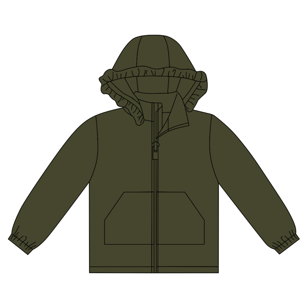 ( Moq 5 ) Preorder Girls Kids Dark Green Long Sleeves Pockets Zipper Hoodie Cardigan Tops