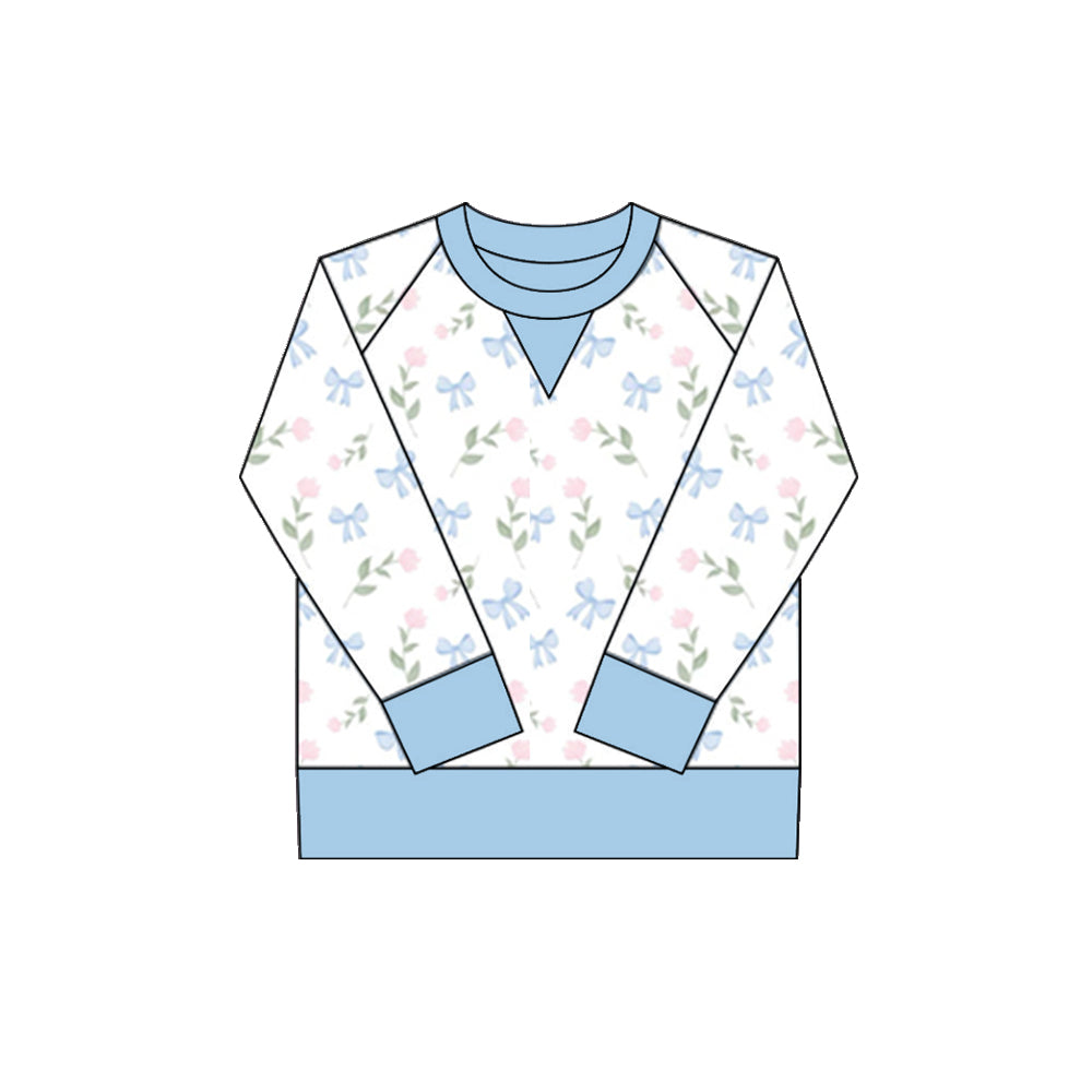 ( Moq 5 ) Preorder Girls Kids Long Sleeves Bows Flower Blue Yoga Active Shirt Tops