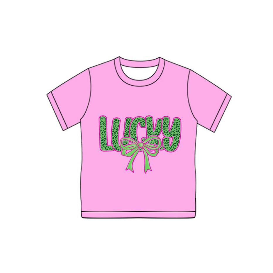 ( Moq 5 ) Preorder Adult Women Short Sleeves Bow Clovers St Patrick Pink Shirt Tops