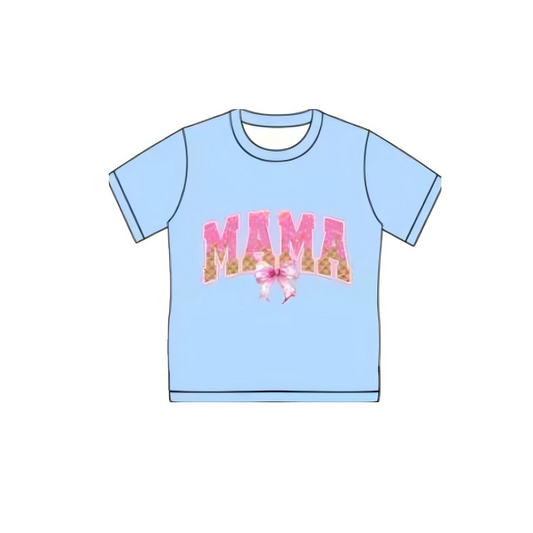 ( Moq 5 ) Preorder Adult Woman Blue Short Sleeves Mama Bow T-shirts Tops