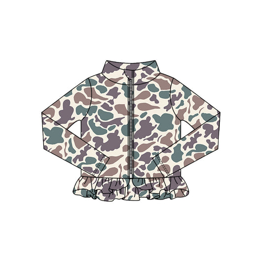 ( Moq 5 ) Preorder Baby Girls Long Sleeves Camo Zipper Ruffle Cardigan Shirt Tops