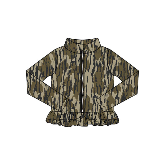 ( Moq 5 ) Preorder Baby Girls Camo Long Sleeves Zipper Ruffle Cardigan Shirt Tops