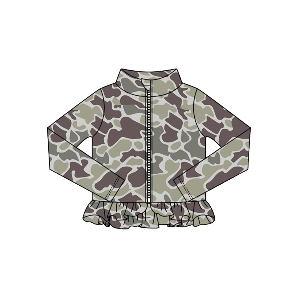 ( Moq 5 ) Preorder Baby Girls Dark Grey Camo Long Sleeves Zipper Ruffle Cardigan Shirt Tops