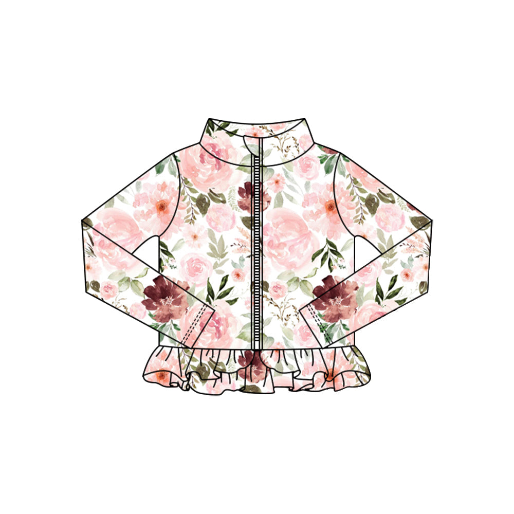 ( Moq 5 ) Preorder Baby Girls Long Sleeves Zipper Ruffle Flower Cardigan Yoga Active Tops