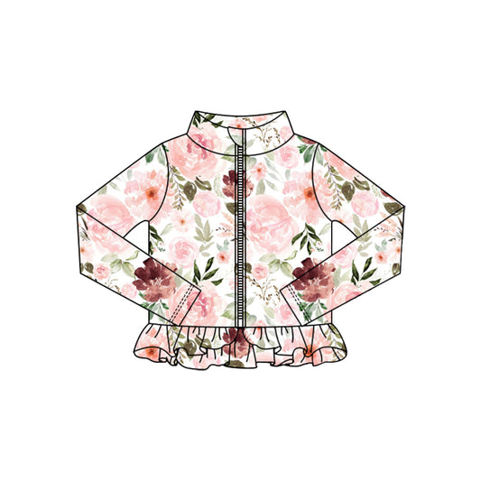 ( Moq 5 ) Preorder Baby Girls Long Sleeves Zipper Ruffle Flower Cardigan Yoga Active Tops