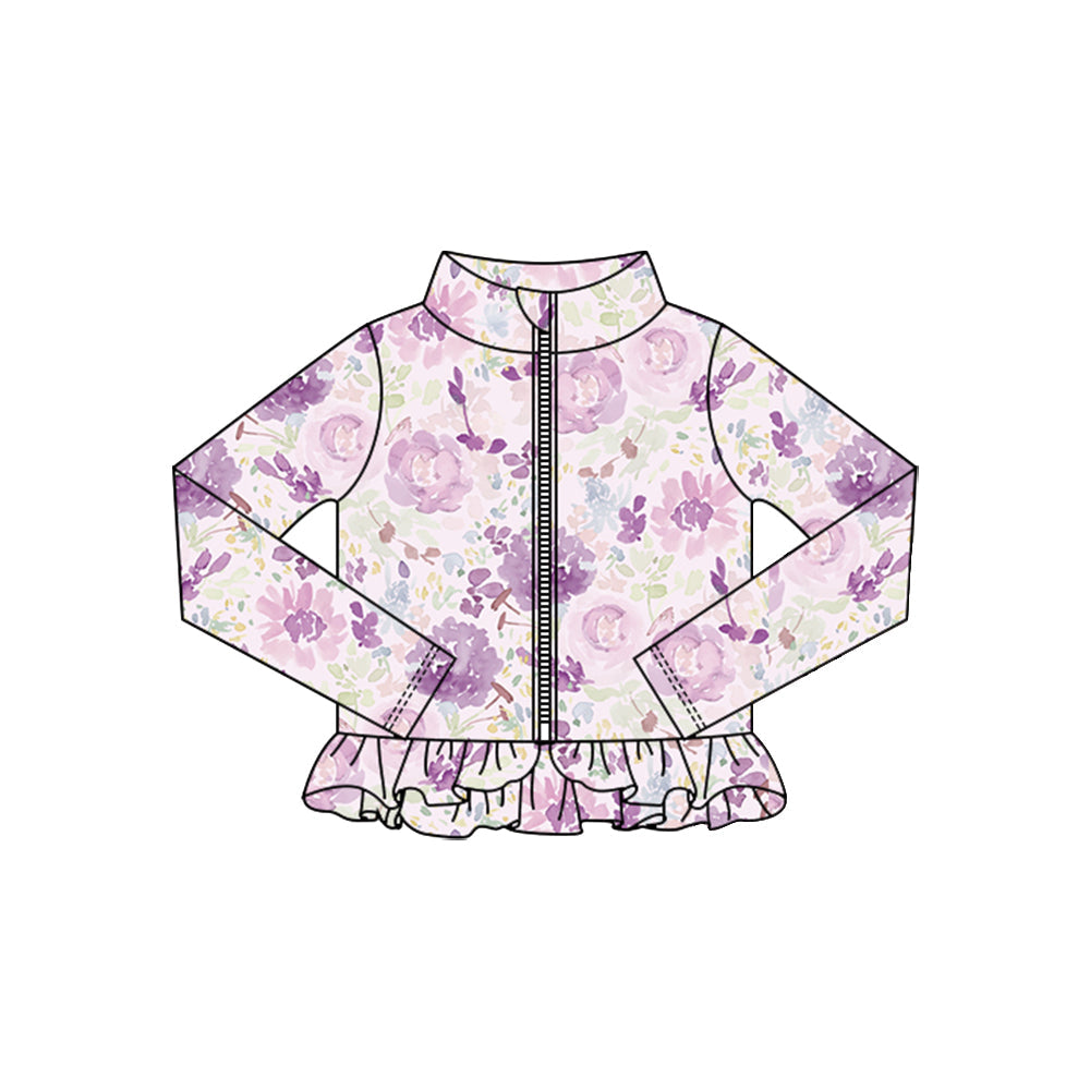 ( Moq 5 ) Preorder Baby Girls Kids Long Sleeves Purpel Flower Zipper Yoga Active Cardigan Tops