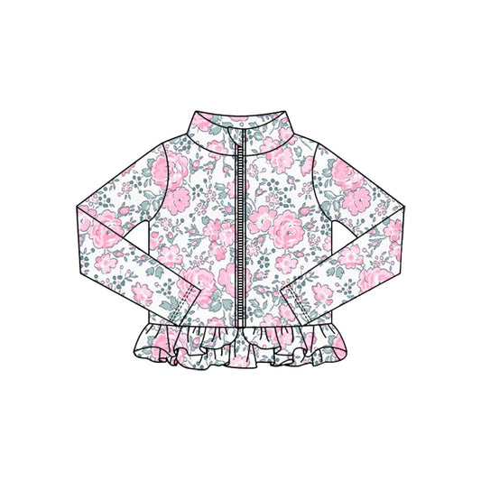 ( Moq 5 ) Preorder Baby Girls Pink Flower Zipper Ruffle Cardigan Yoga Active Tops