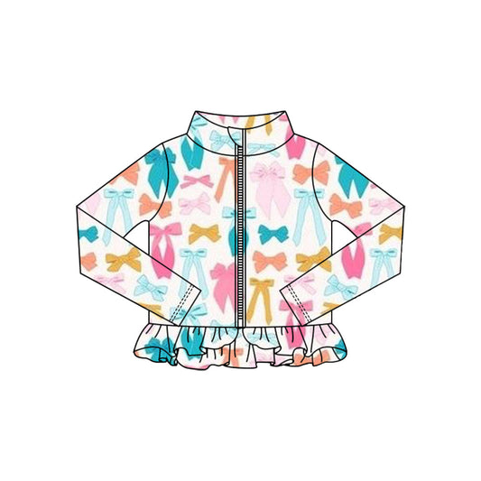 ( Moq 5 ) Preorder Baby Girls Colorful Bows Zipper Ruffle Cardigan Yoga Active Tops