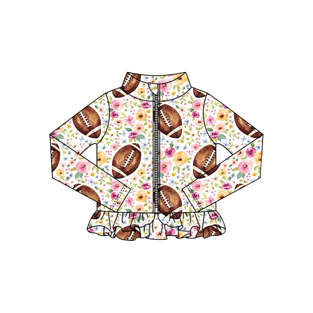 ( Moq 5 ) Preorder Baby Girls Football Flower Zipper Ruffle Cardigan Yoga Active Tops
