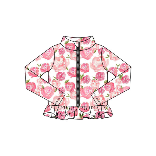( Moq 5 ) Preorder Baby Girls Long Sleeves Pink Flower Zipper Ruffle Cardigan Yoga Active Tops