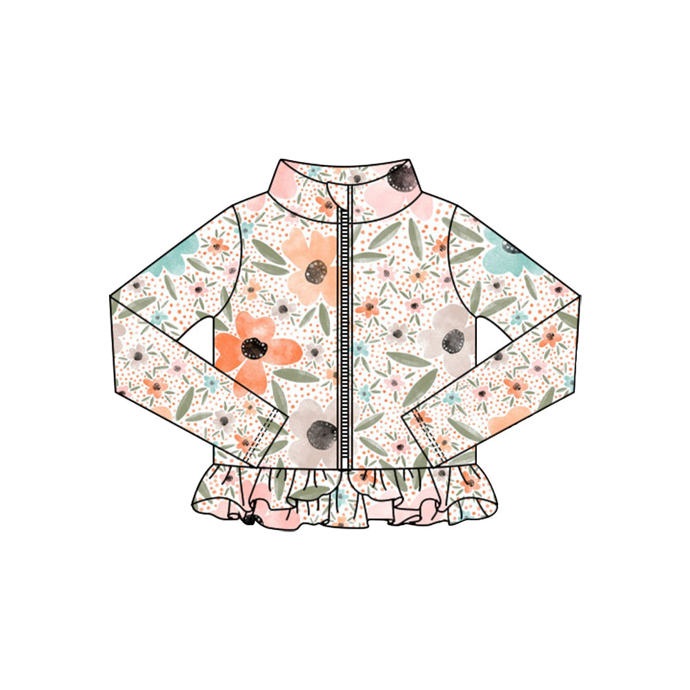 ( Moq 5 ) Preorder Baby Girls Long Sleeves Flower Zipper Ruffle Cardigan Yoga Active Tops