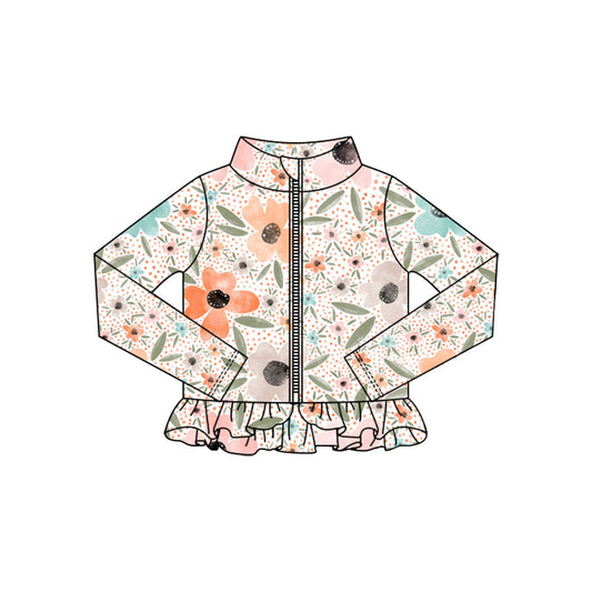 ( Moq 5 ) Preorder Baby Girls Long Sleeves Flower Zipper Ruffle Cardigan Yoga Active Tops