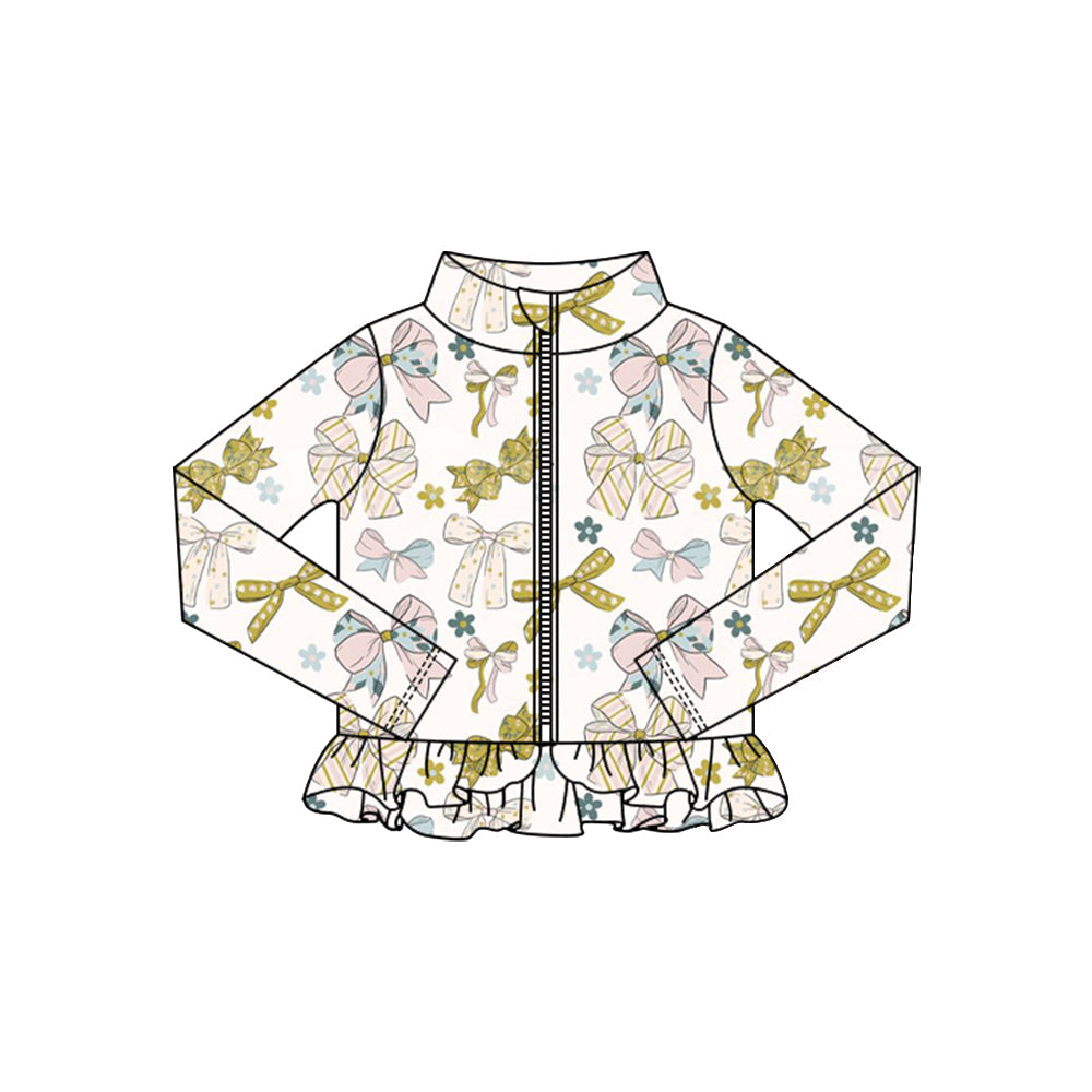 ( Moq 5 ) Preorder Baby Girls Bows Flower Zipper Ruffle Cardigan Yoga Active Tops