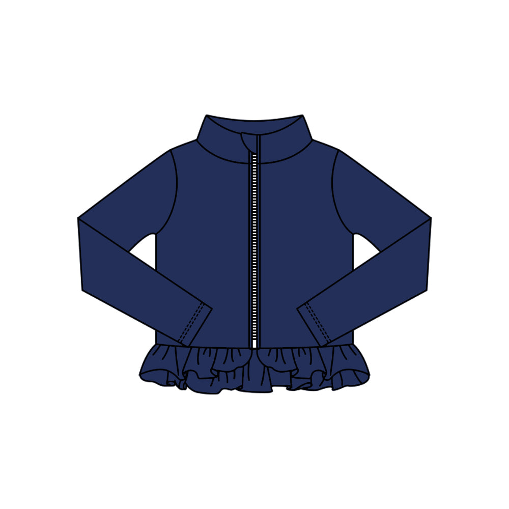( Moq 5 ) Preorder Baby Kids Girls Navy Long Sleeves Zipper Yoga Active Ruffles Cardigan Tops