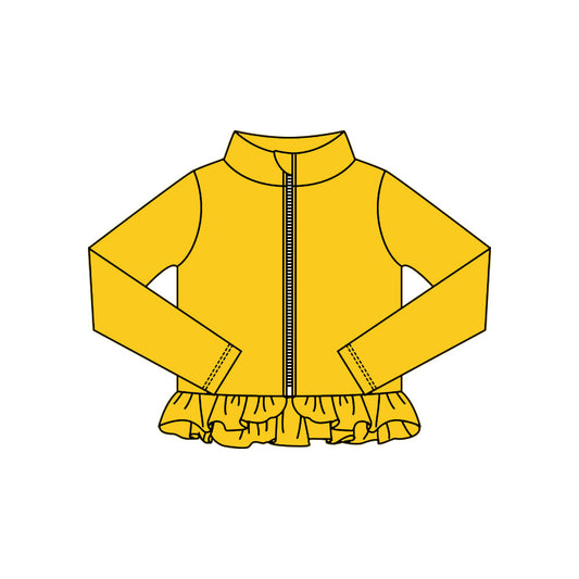 ( Moq 5 ) Preorder Baby Kids Girls Yellow Long Sleeves Zipper Yoga Active Ruffles Cardigan Tops