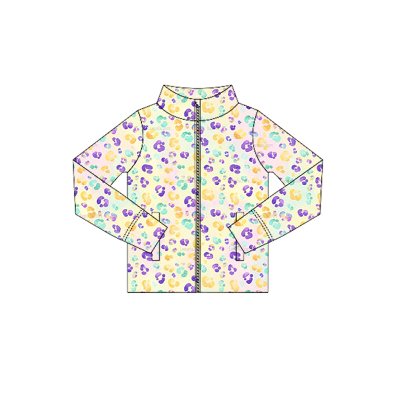 ( Moq 5 ) Preorder Baby Girls Long Sleeves Leopard Mardi Gras Zipper Pockets Yoga Tops