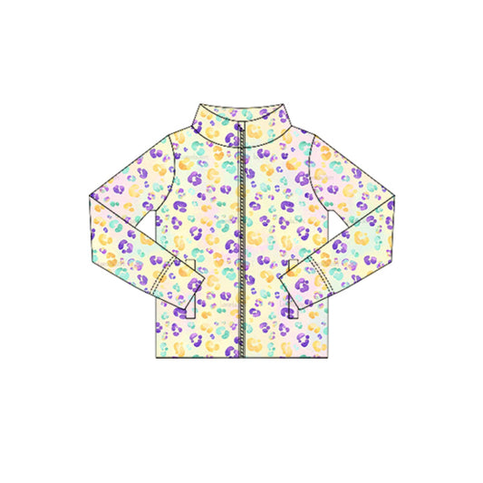 ( Moq 5 ) Preorder Baby Girls Long Sleeves Leopard Mardi Gras Zipper Pockets Yoga Tops