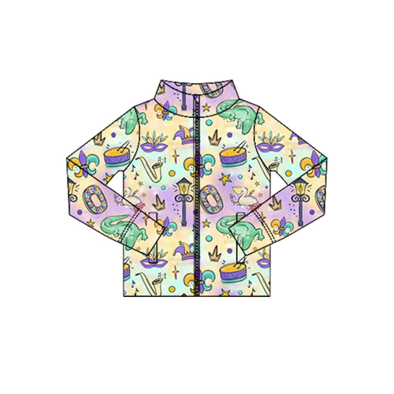 ( Moq 5 ) Preorder Baby Girls Mardi Gras Long Sleeves Masks Anchors Zipper Pockets Yoga Tops