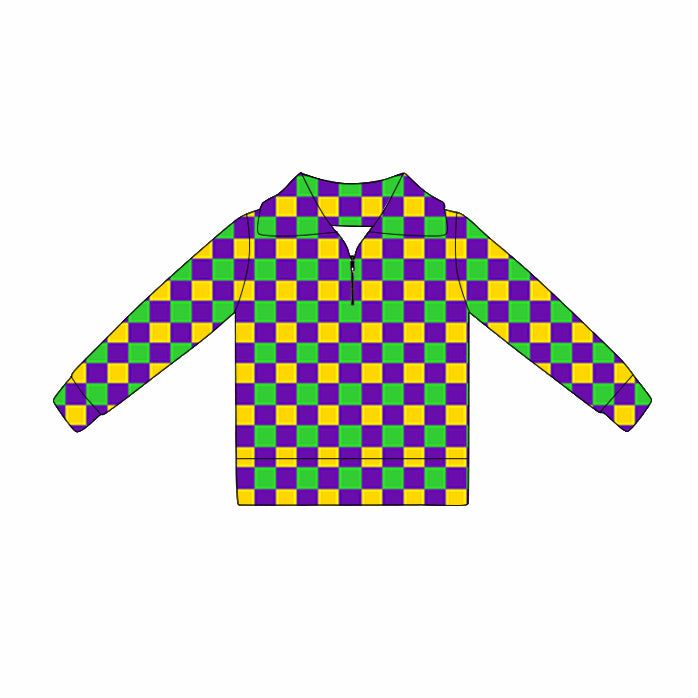 ( Moq 5 ) Preorder Baby Girls Long Sleeves Checked Mardi Gras Zipper Pullover Tops