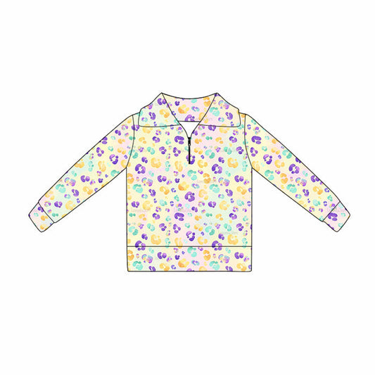 ( Moq 5 ) Preorder Baby Girls Long Sleeves Leopard Mardi Gras Zipper Pullover Tops