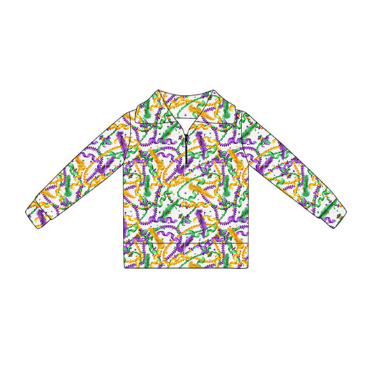 ( Moq 5 ) Preorder Baby Girls Long Sleeves Mardi Gras Zipper Pullover Tops