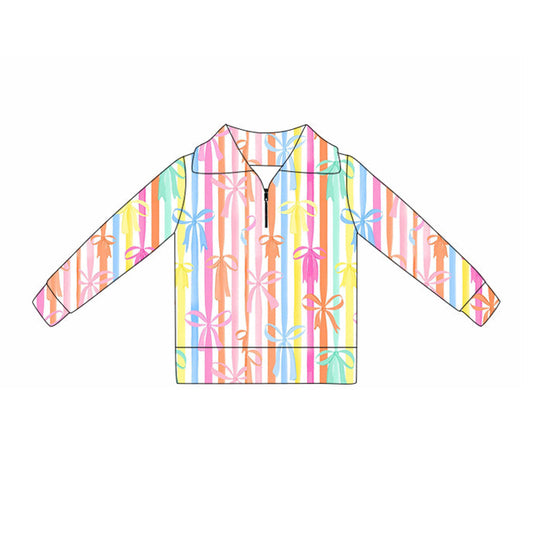 ( Moq 5 ) Preorder Baby Girls Long Sleeves Bows Stripes Yoga Active Zipper Pullover Shirt