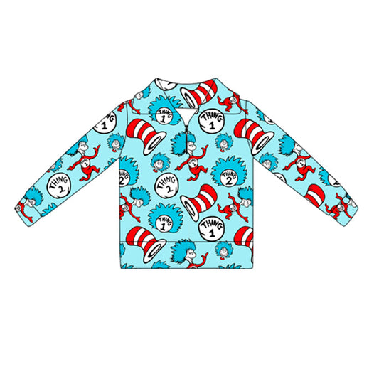 ( Moq 5 ) Preorder Baby Girls Long Sleeves Reading Zipper Blue Pullover Yoga Tops