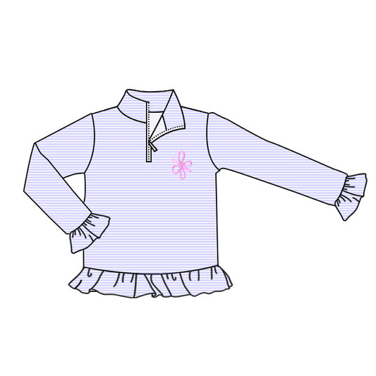 ( Moq 5 ) Preorder Baby Girls Long Sleeves Purple Stripes Bow Zipper Ruffle Pullover Shirt