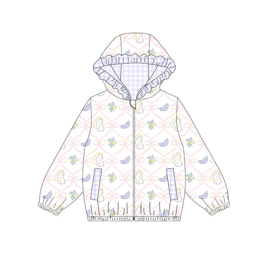 ( Moq 5 ) Preorder Baby Girls Bows Anchors Masks Pockets Hoodie Mardi Gras Zipper Coat Jacket