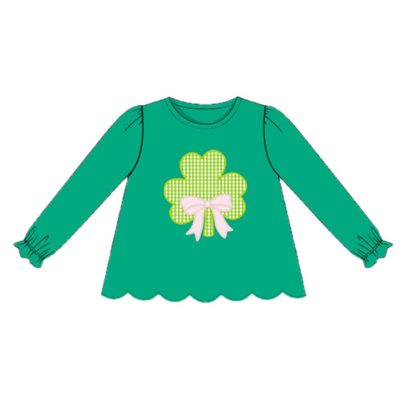 ( Moq 5 ) Preorder Baby Girls Green Long Sleeves Clovers Bows St Patrick Shirt Tops