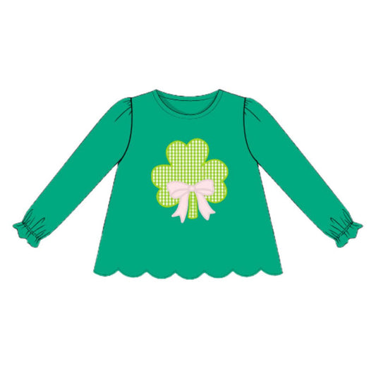 ( Moq 5 ) Preorder Baby Girls Green Long Sleeves Clovers Bows St Patrick Shirt Tops