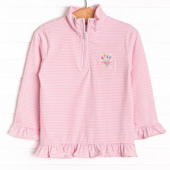 ( Moq 5 ) Preorder Baby Girls Long Sleeves Flower Pink Stripes Zipper Pullover Shirt