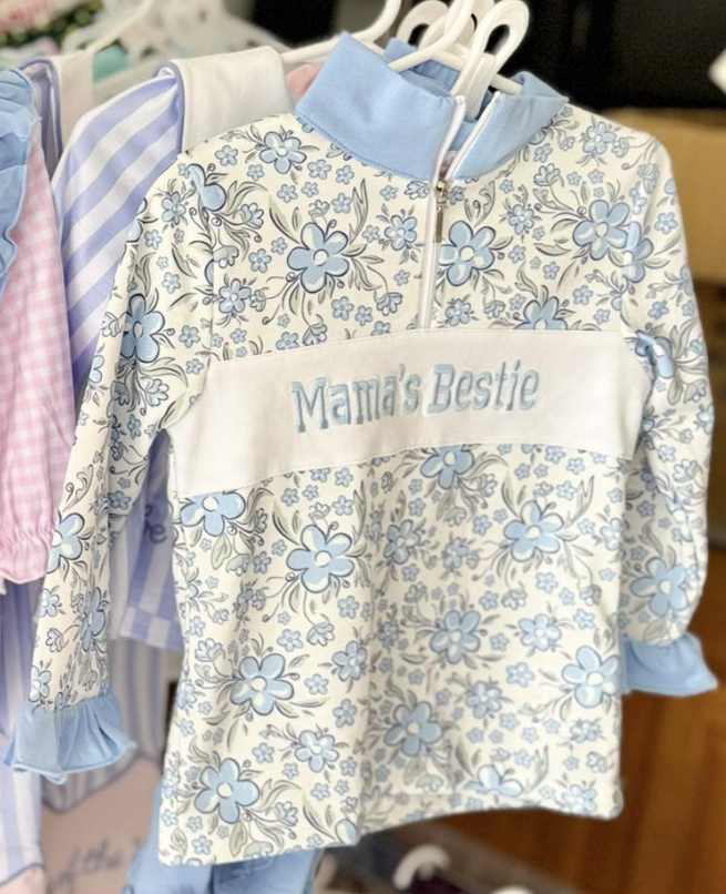 ( Moq 5 ) Preorder Baby Girls Blue Flowers Mama's Bestie Zipper Pullover Shirt
