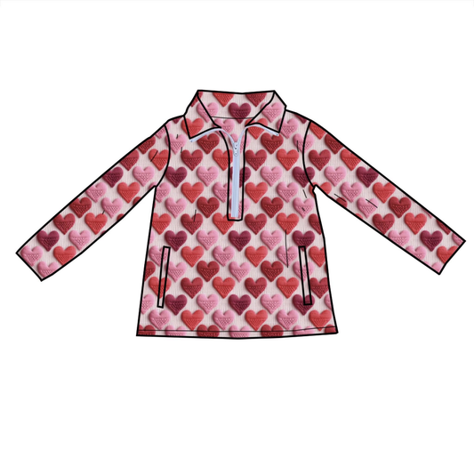 ( Moq 5 ) Preorder Baby Girls Long Sleeves Hearts Yoga Zipper Pockets Pullover Valentines Shirt