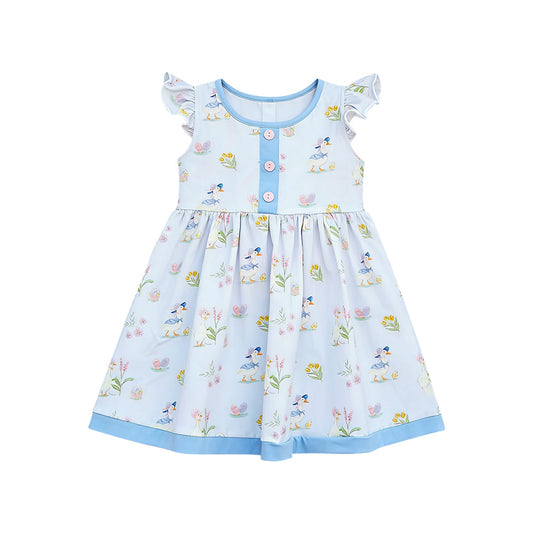 ( Moq 5 ) Preorder Baby Girls Short Sleeves Ducks Flower Buttons Blue Tunic Tops