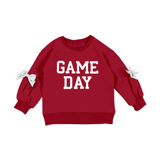 ( Moq 5 ) Preorder Baby Girls Kids Bows Long Sleeves Game Day Dark Red Pullover Shirt Tops