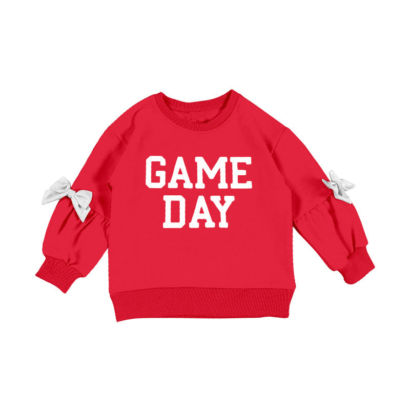 ( Moq 5 ) Preorder Baby Girls Kids Bows Long Sleeves Game Day Red Pullover Shirt Tops