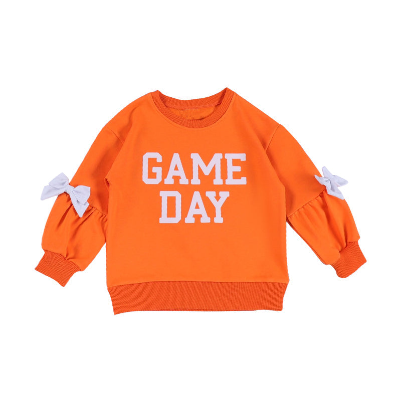 ( Moq 5 ) Preorder Baby Girls Kids Bows Long Sleeves Game Day Orange Pullover Shirt Tops