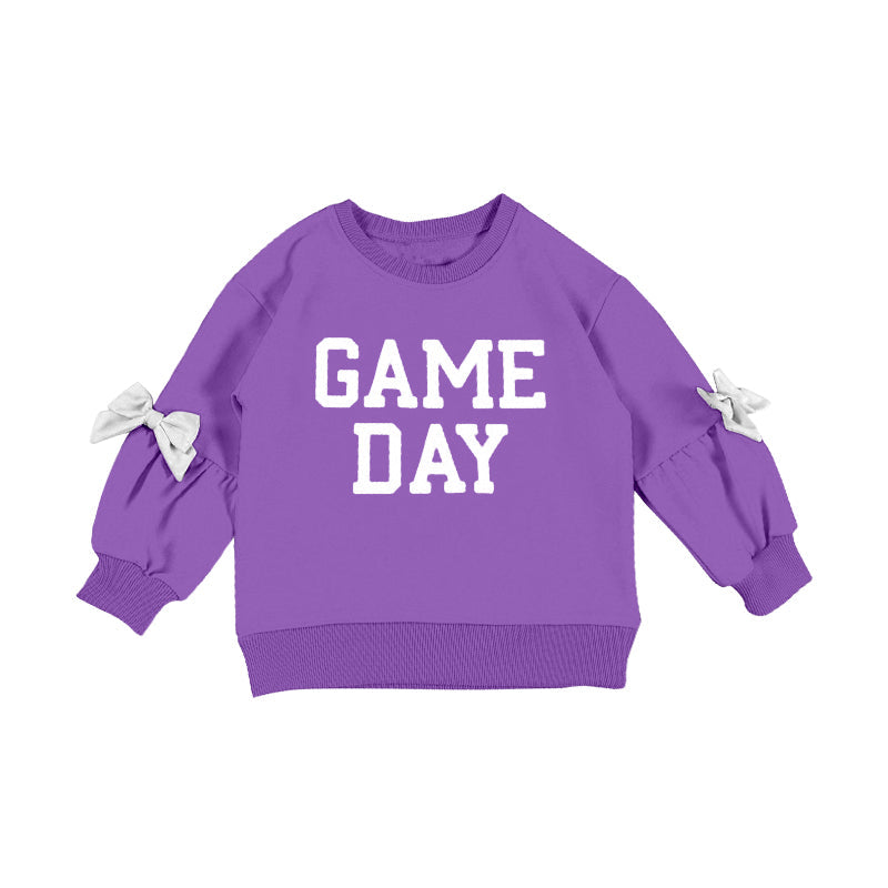 ( Moq 5 ) Preorder Baby Girls Kids Bows Long Sleeves Game Day Purple Pullover Shirt Tops