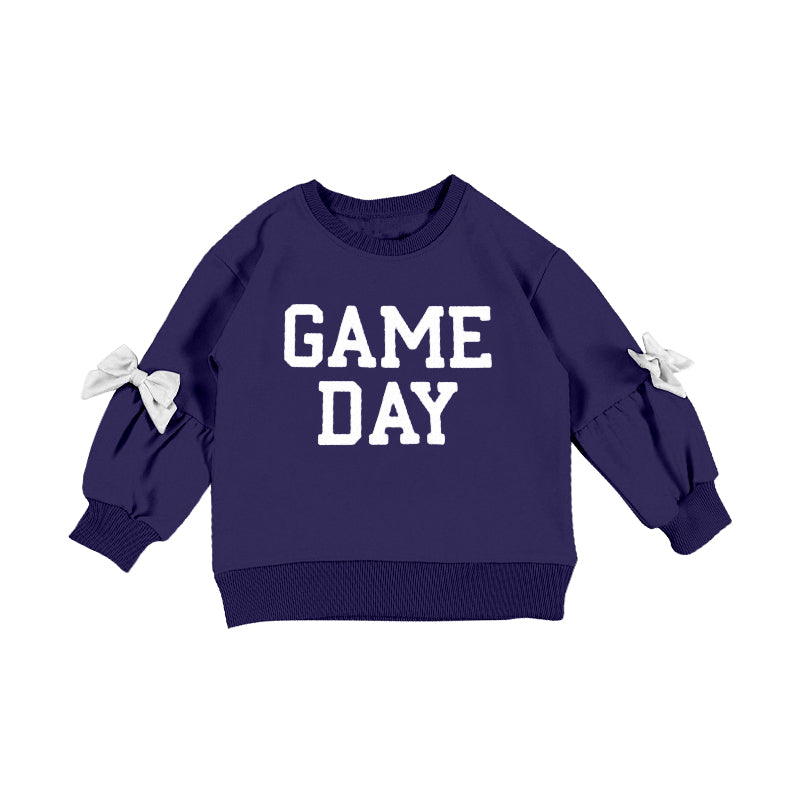 ( Moq 5 ) Preorder Baby Girls Kids Bows Long Sleeves Game Day Navy Pullover Shirt Tops